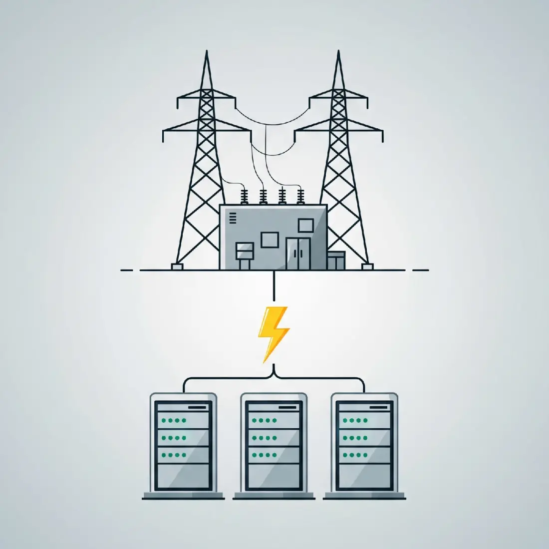 Abstract vector design of an electrical substation injecting energy into three data center servers.