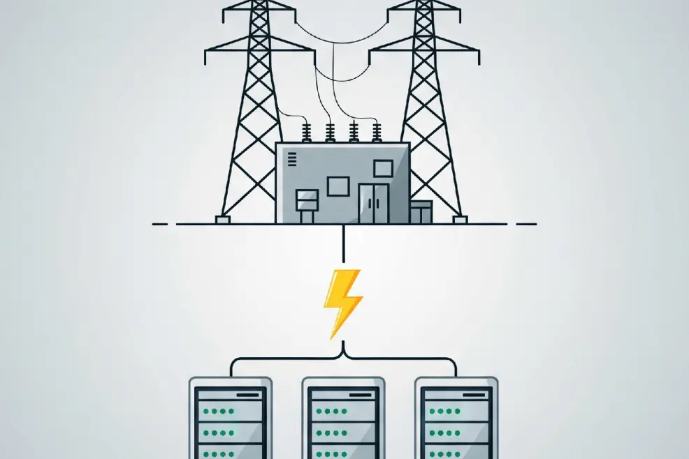 Abstract vector design of an electrical substation injecting energy into three data center servers.