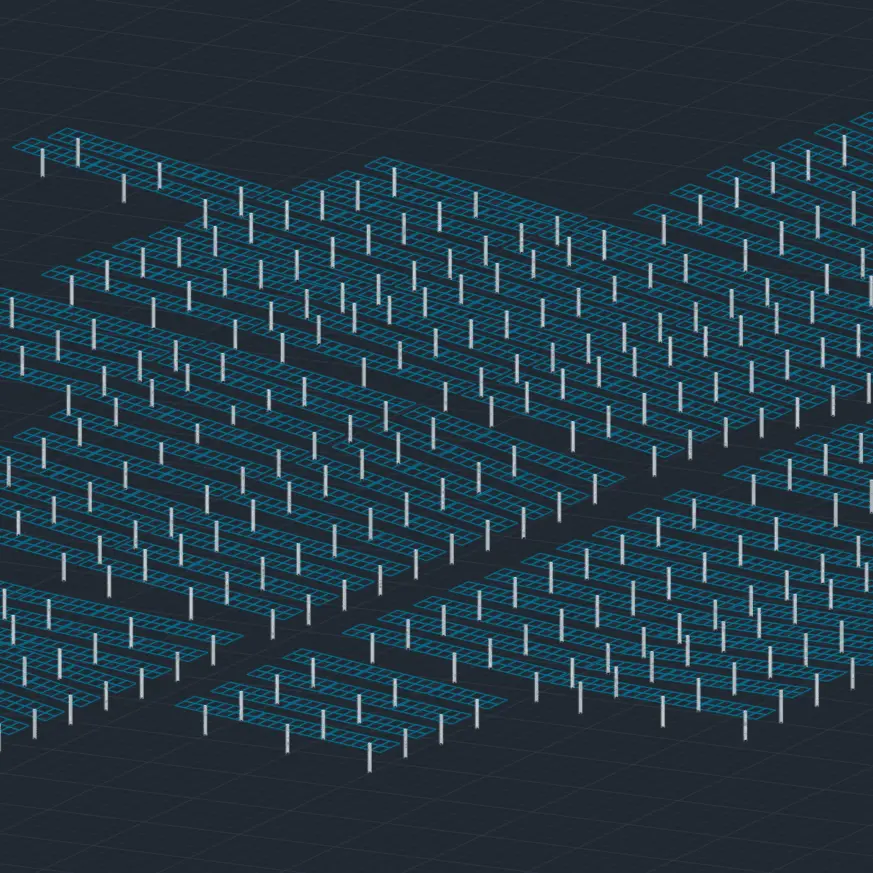 3D illustration of the layout of a utility-scale solar power plant on PVcase Ground Mount.