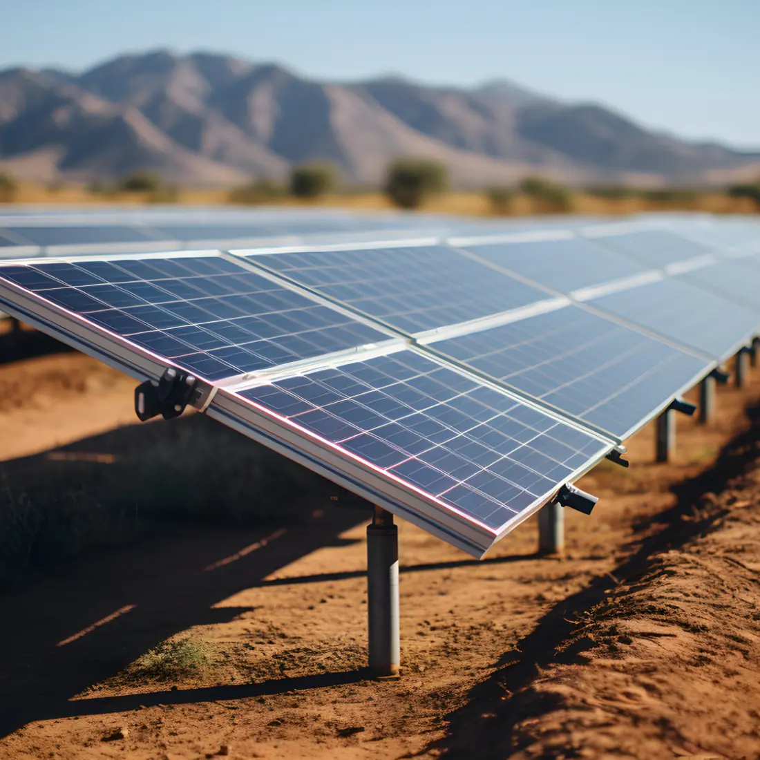 Ground-mount solar panels in a desert landscape.