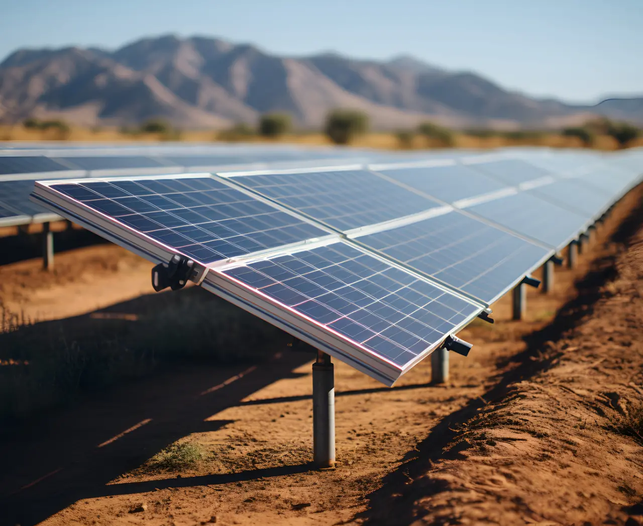 Depiction of solar panels and modules in a solar farm in the desert.