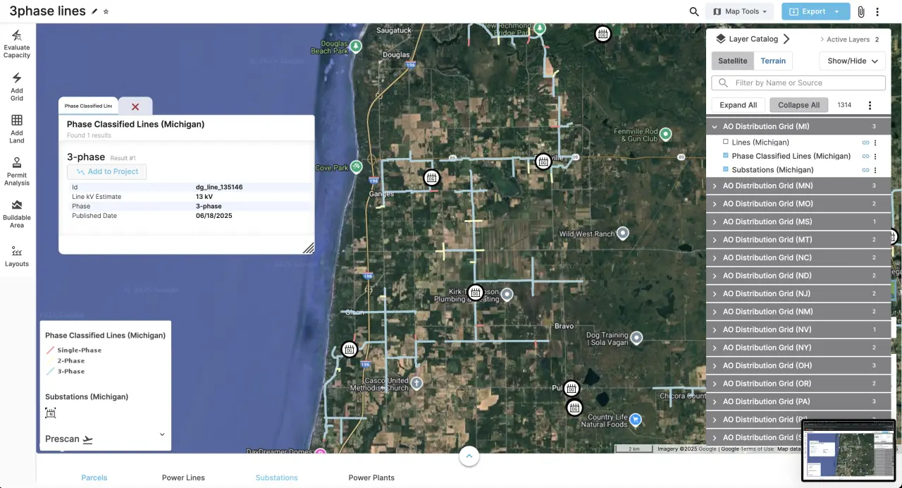 An image showcasing PVcase Prospect’s 3-Phase Lines Data layer projected over a map of Michigan.
