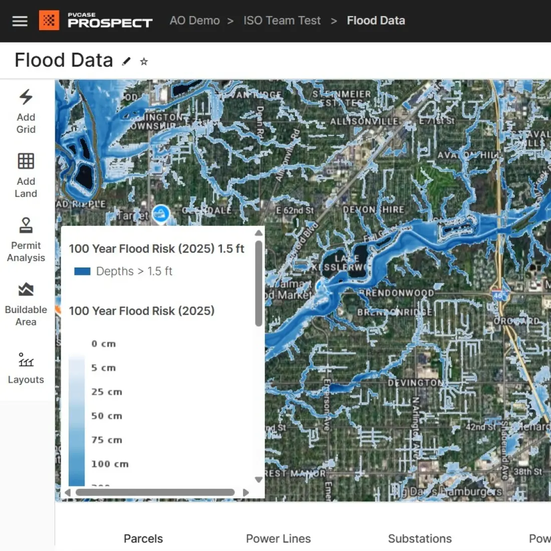 View of PVcase Prospect's updated premium flood data applied on a US map.