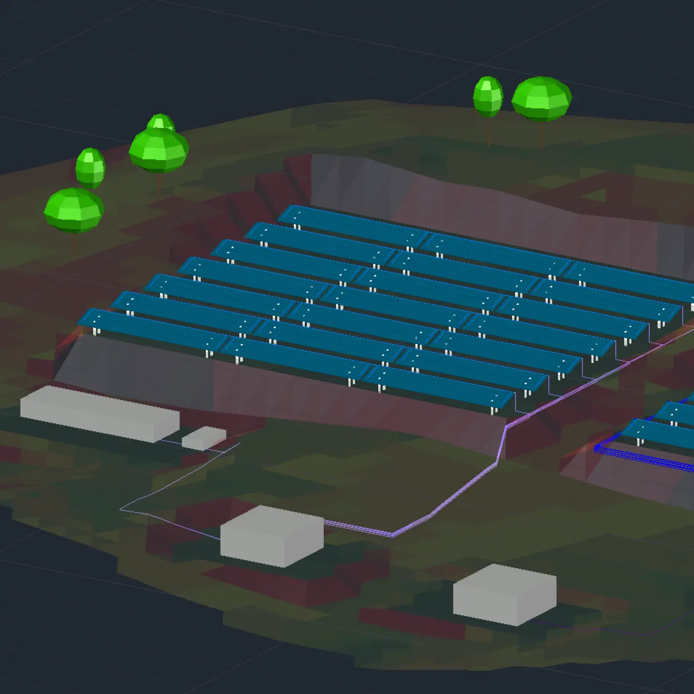 Screenshot of a 3D visualization of a solar farm design with a coupled BESS system on PVcase Ground Mount.