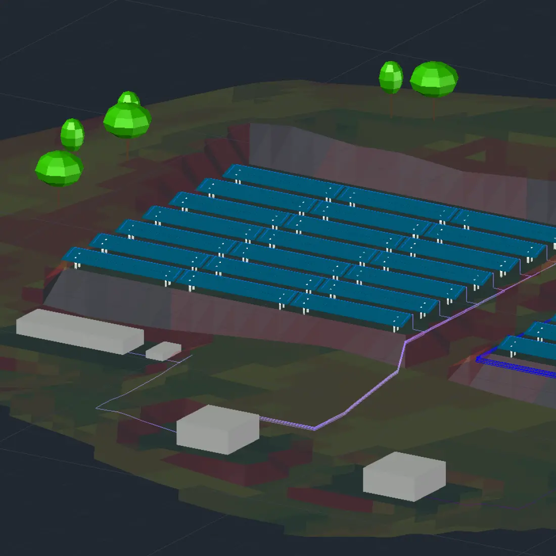 Screenshot of a 3D visualization of a solar farm design with a coupled BESS system on PVcase Ground Mount.