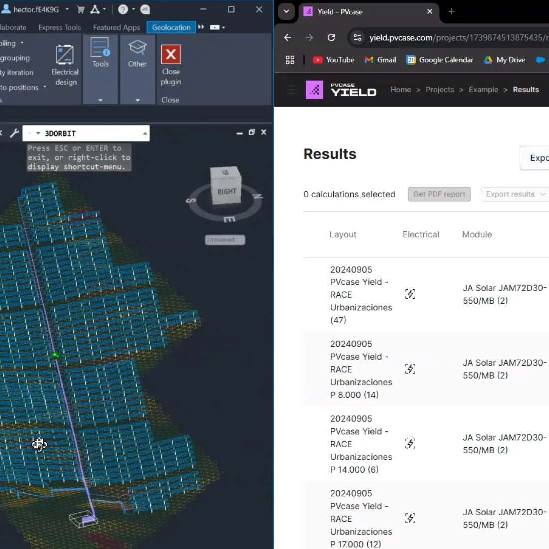 Screenshot of the PVcase Ground Mount Precision interface, showing a solar power plant layout and energy performance reports.