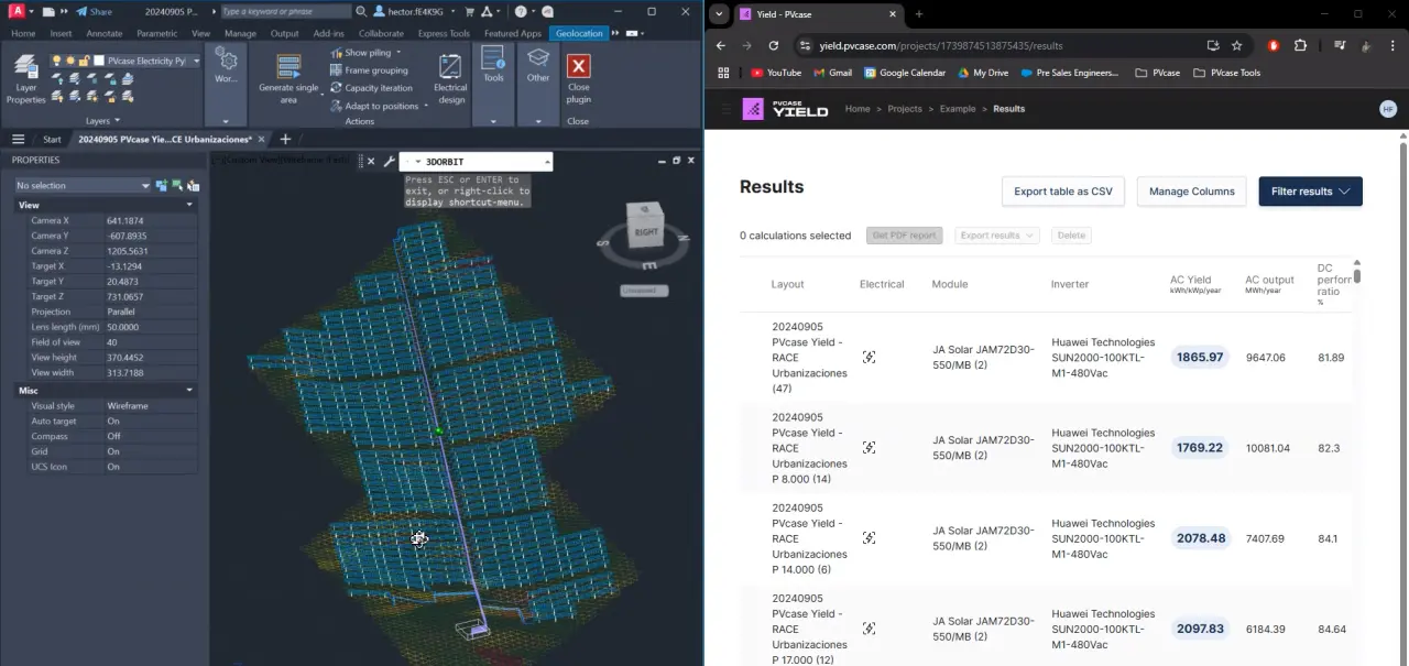 Screenshot of the PVcase Ground Mount Precision interface, showing a solar power plant layout and energy performance reports.