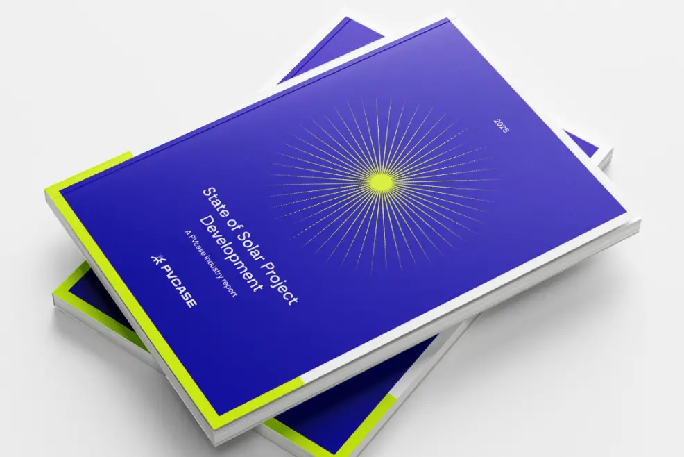 A picture of the cover of two copies of PVcase's 2025 State of Solar Project Development report.