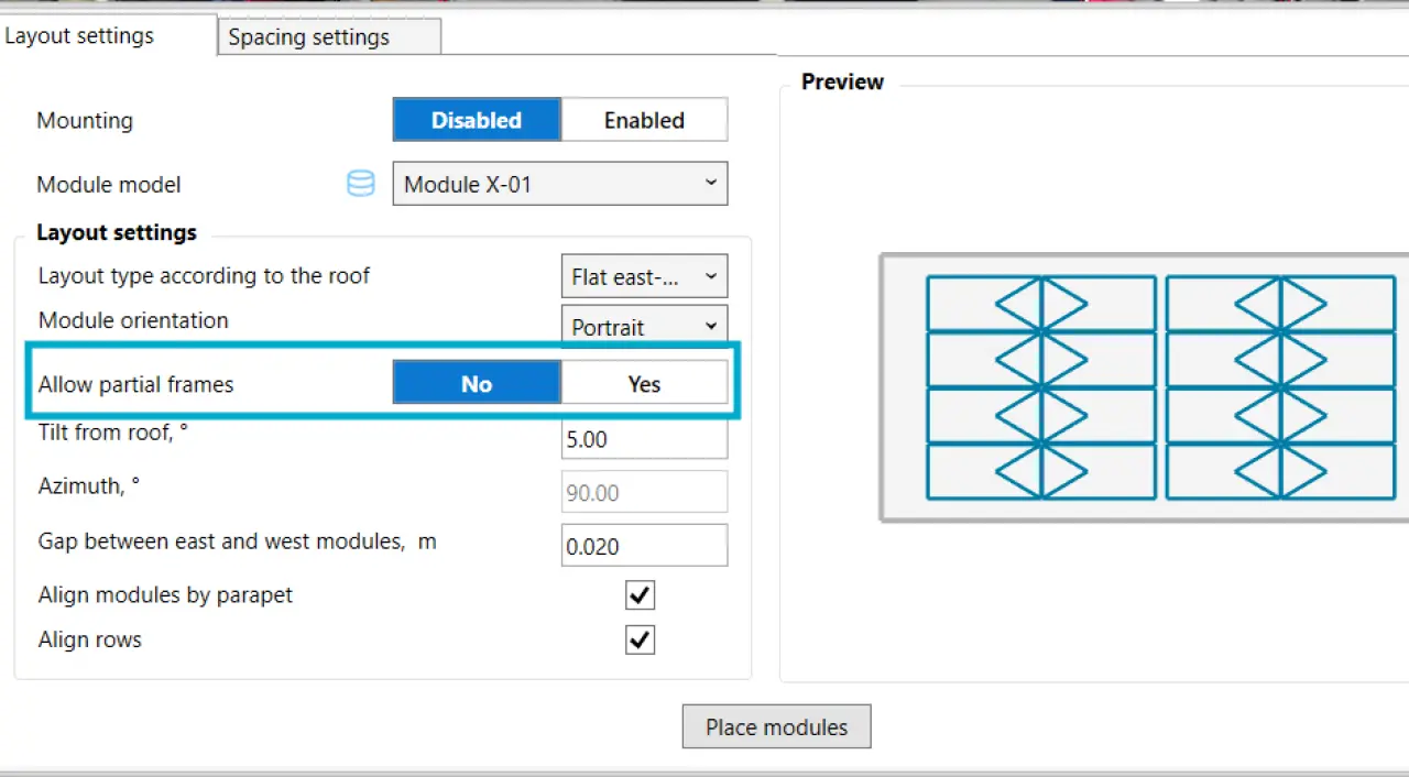 Settings display in PVcase Roof Mount showcasing the RM-E-W system separation configuration.