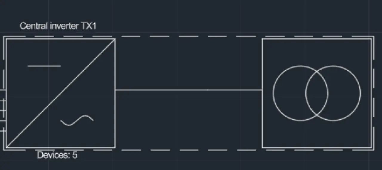 Screenshot of PVcase Ground Mount's updated SLD representation for a central inverter of a solar module array.