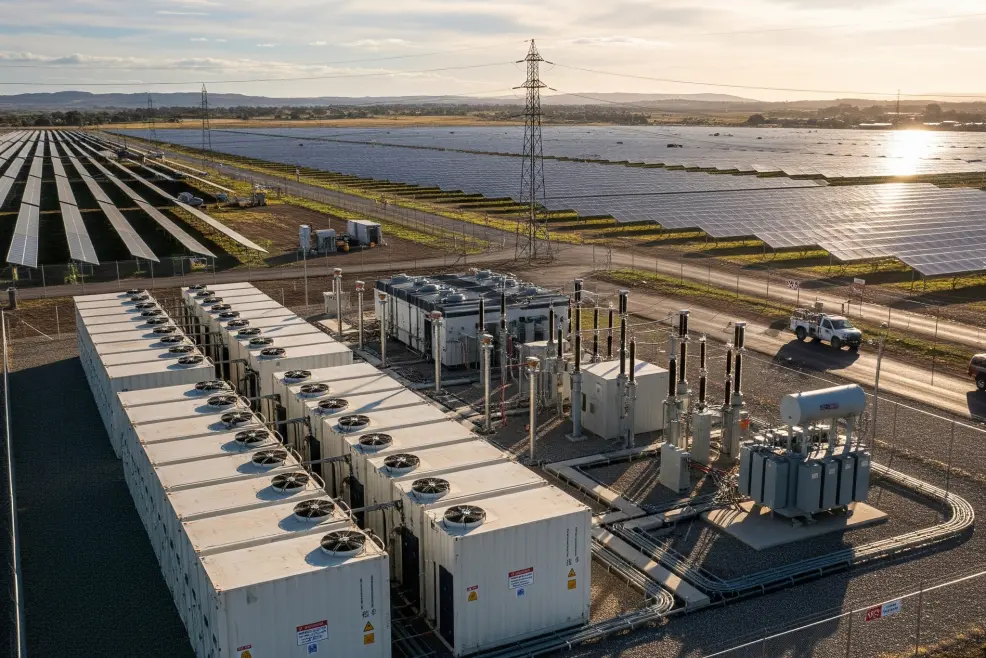 Fotorealistische Abbildung eines hybriden Solarparks, mit einem Batteriespeichersystems im Vordergrund.