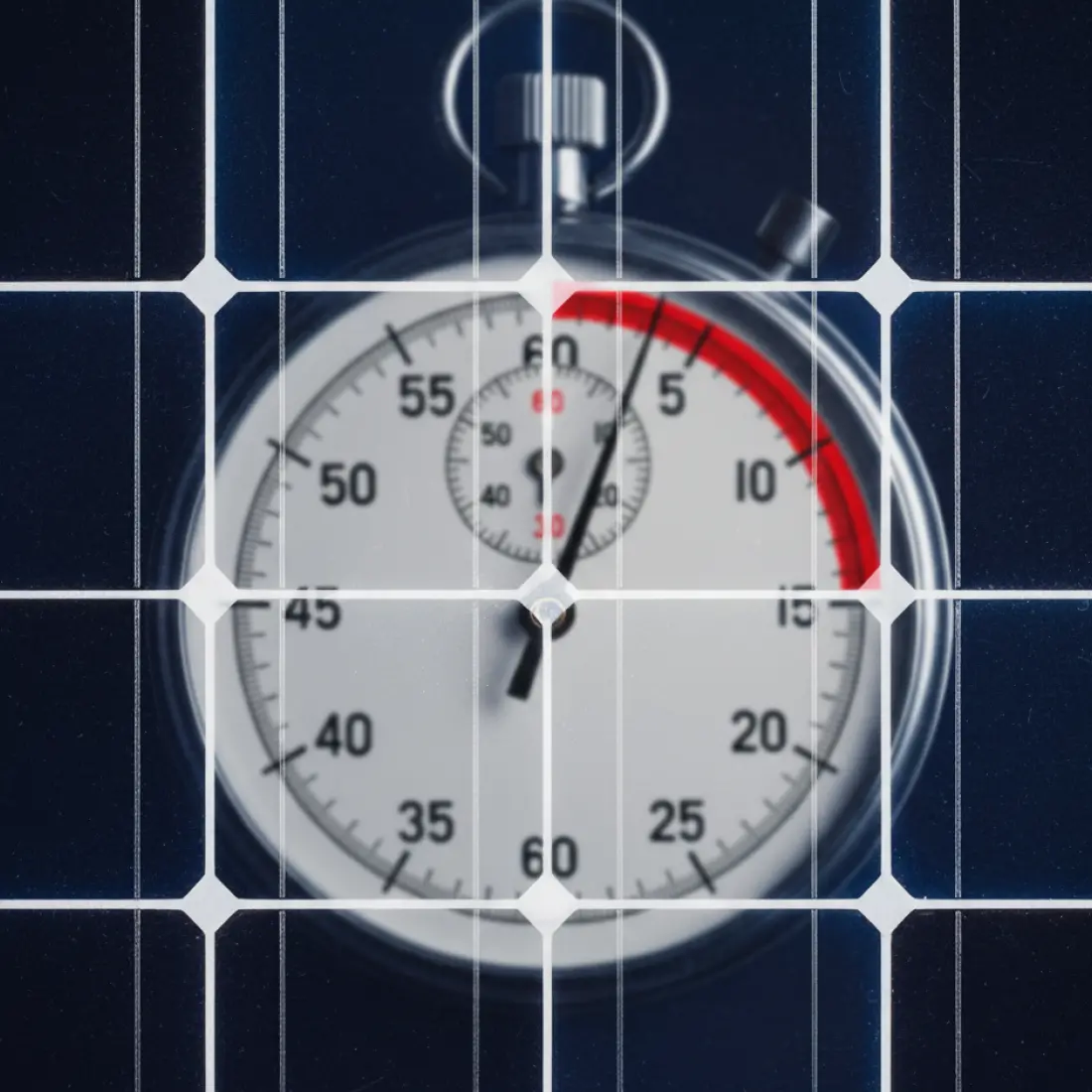 Close-up image of a stopwatch reflected on a solar panel.