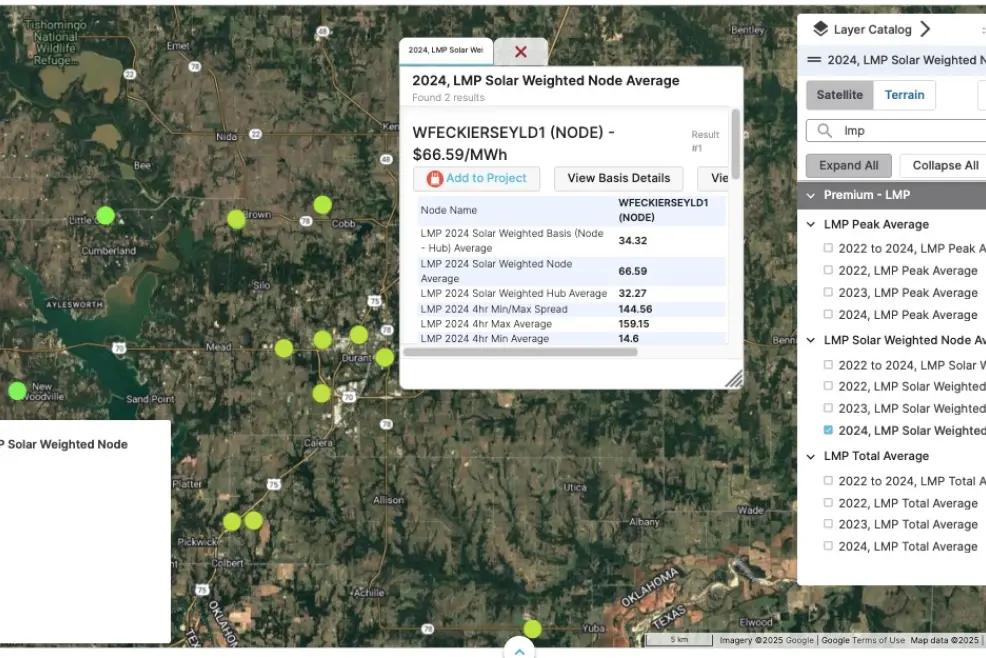 Screenshot of the displays and map showcasing the updated locational marginal pricing data in PVcase Prospect.