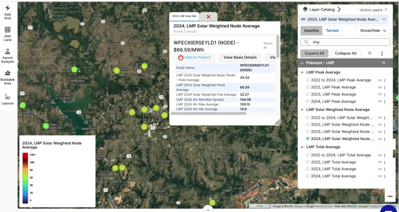Screenshot of the displays and map showcasing the updated locational marginal pricing data in PVcase Prospect.