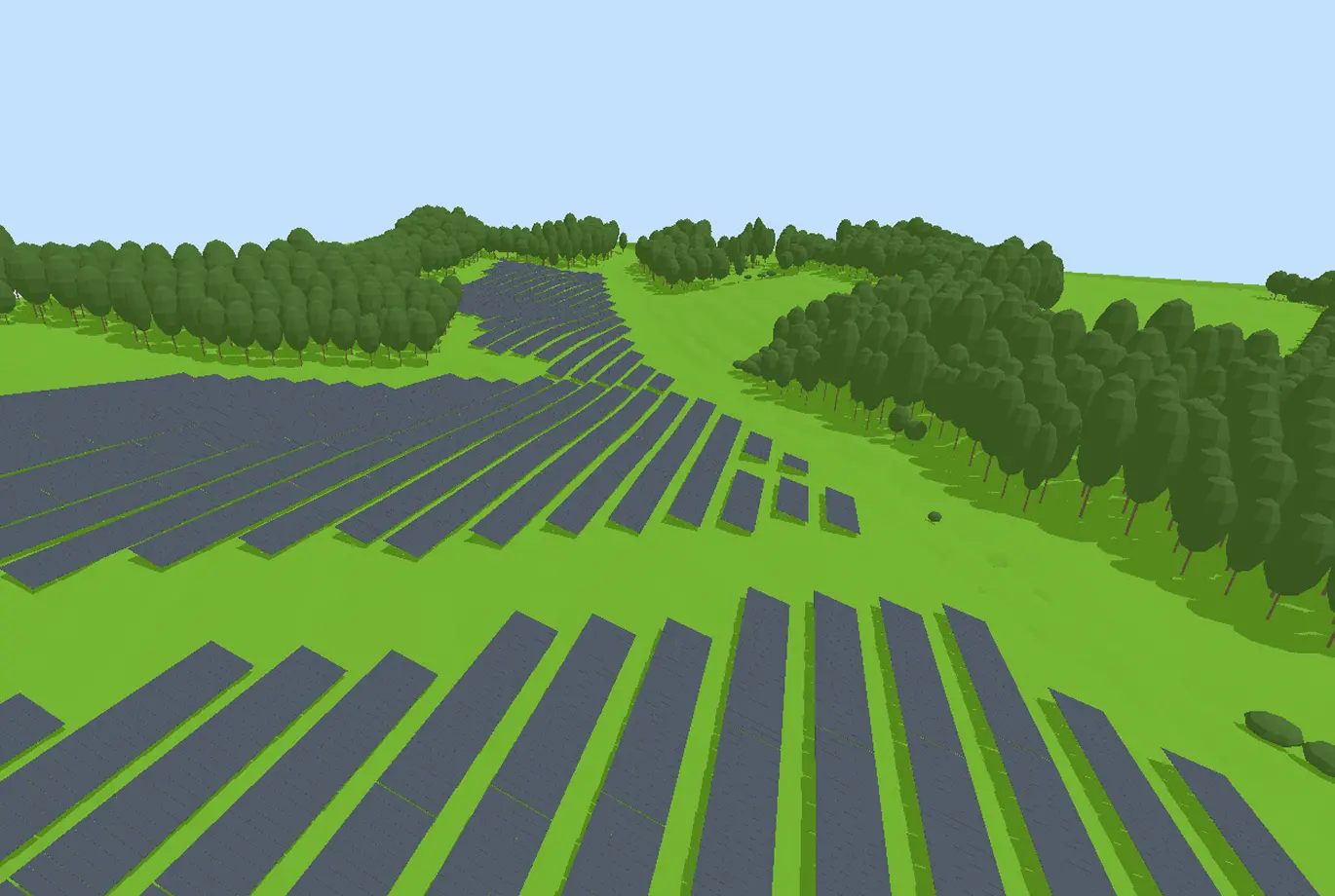 3D view of utility-scale solar arrays on hilly terrain for energy yield modeling