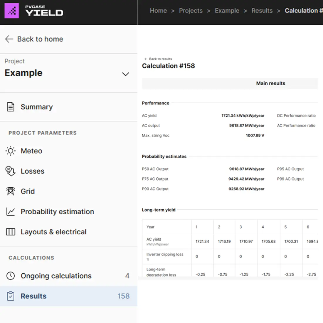 PVcase Yield interface showing integrated design and yield project list