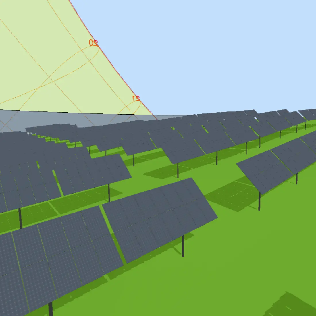 3D solar array view with shadows used for real-life shading analysis