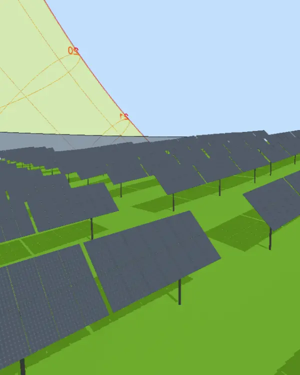 3D solar array view with shadows used for real-life shading analysis