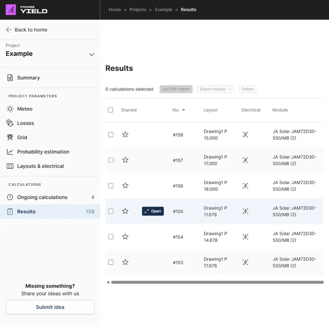 PVcase Yield loss report table summarizing energy losses and performance metrics