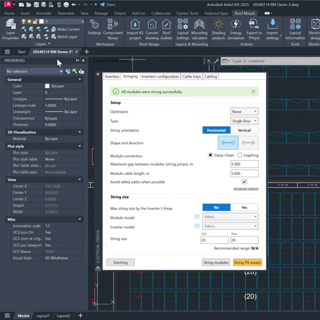 3D rooftop solar system layout with visualized stringing and wiring configuration