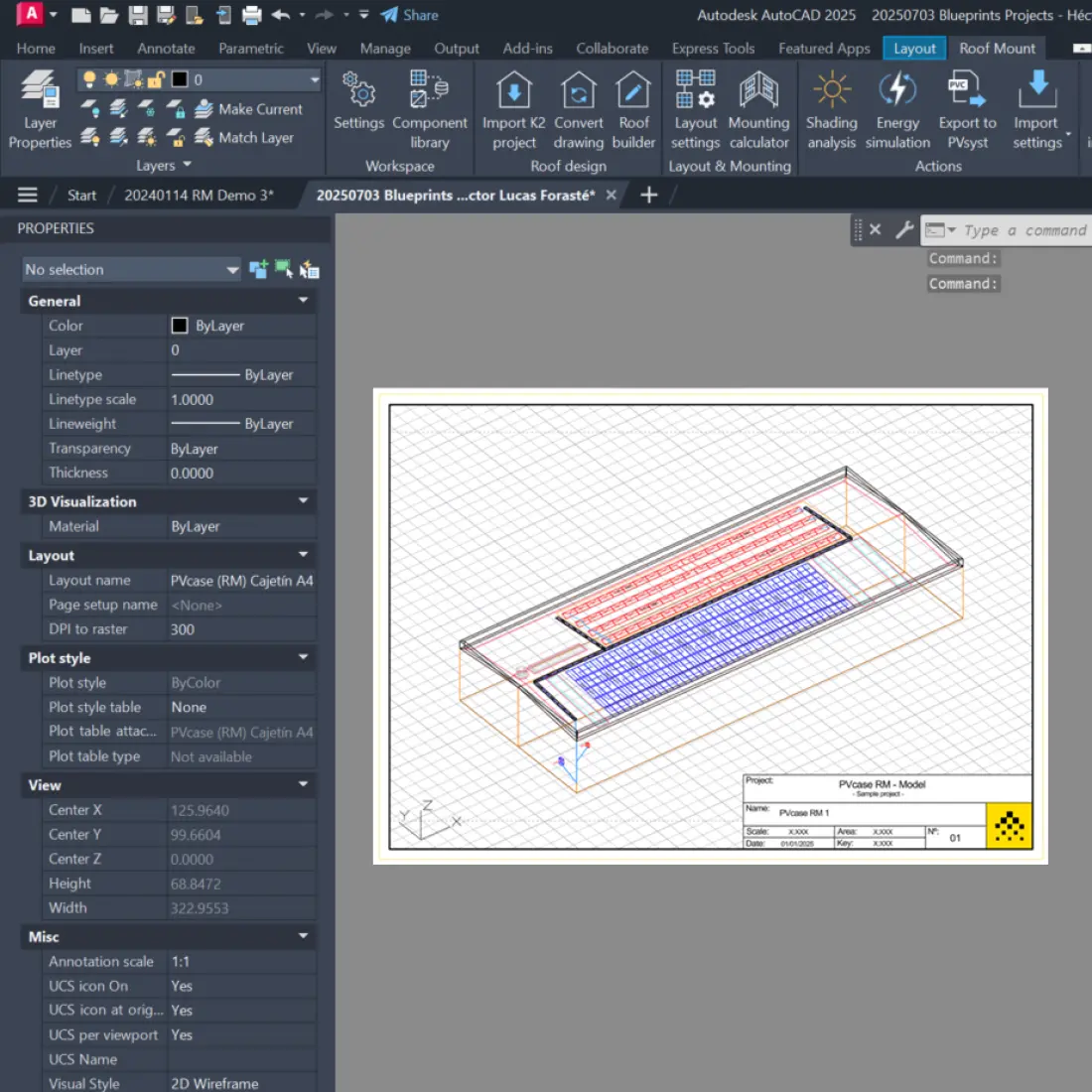 Permit-ready CAD drawing of a rooftop solar layout with modules and annotations