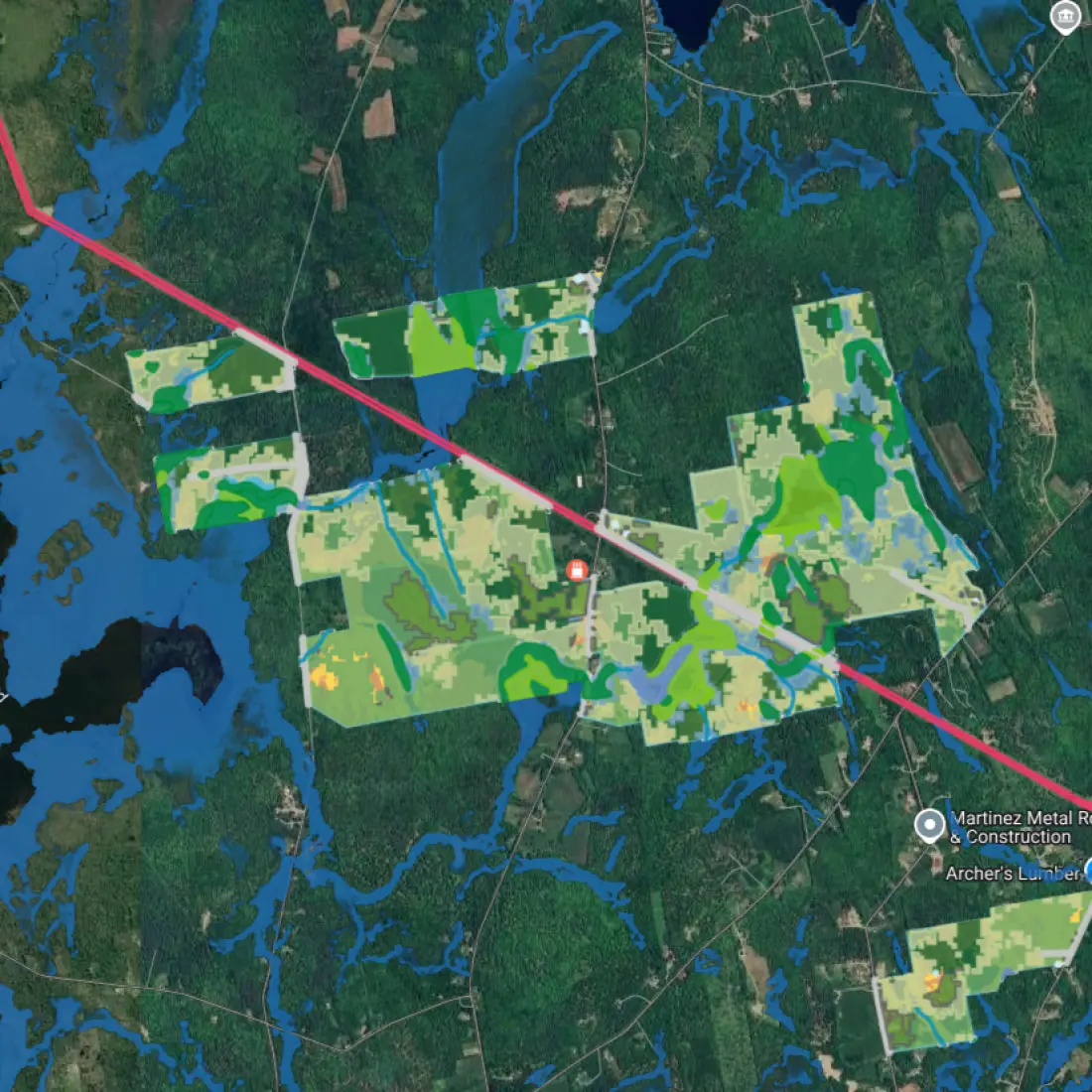 Constraint map showing buildable areas and exclusion zones for solar development