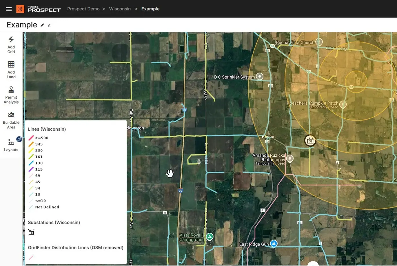 PVcase Prospect map view showing early-stage solar site selection and interconnection capacity