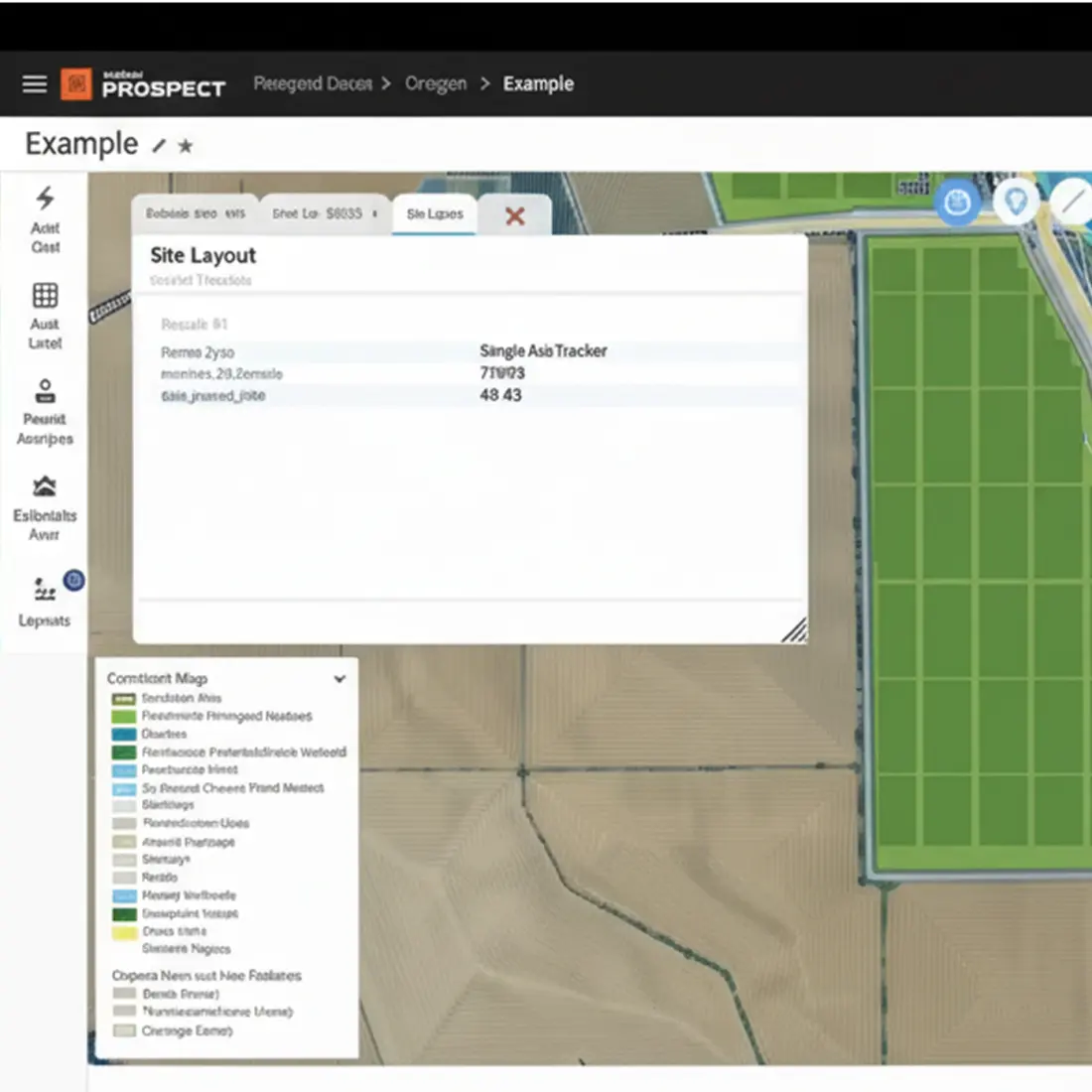 PVcase Prospect layout editor creating a solar farm design on a parcel
