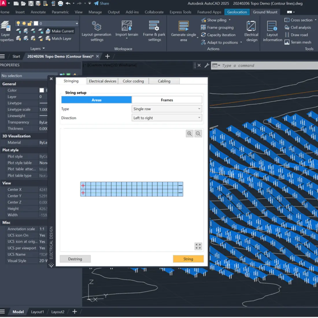 PVcase Ground Mount AutoCAD plugin generating electrical layout for a solar plant