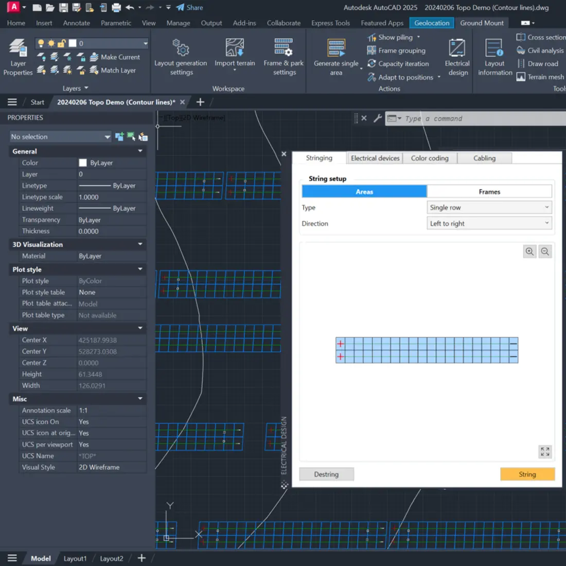 PVcase Ground Mount interface inside AutoCAD with detailed solar design tools