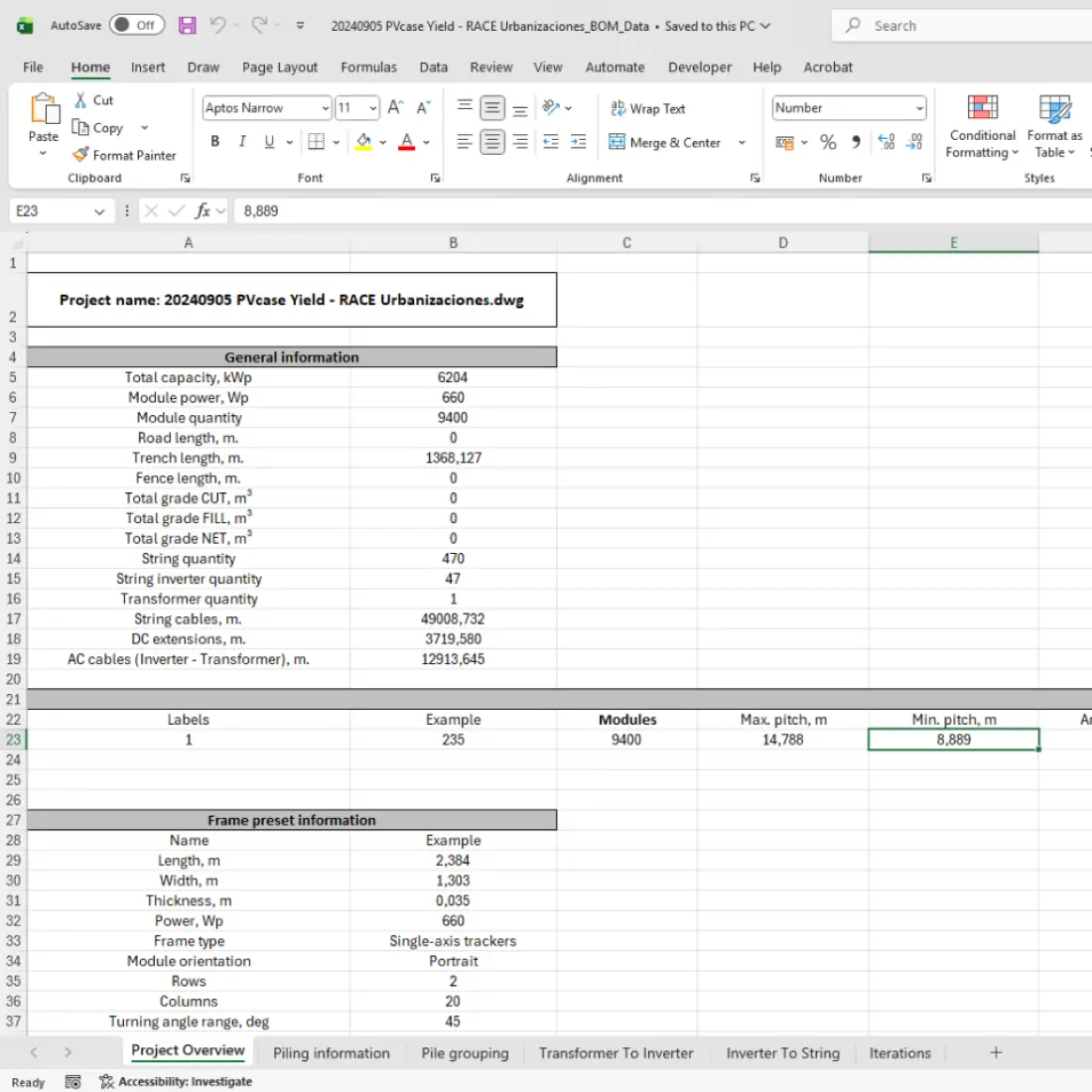Bill of materials export table generated from solar project design software