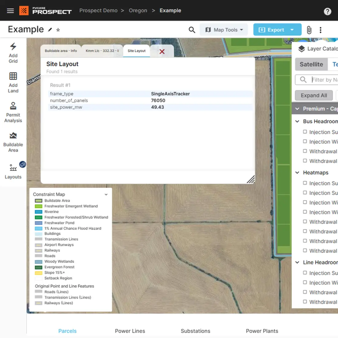 PVcase design interface showing preliminary solar plant layout and engineering data