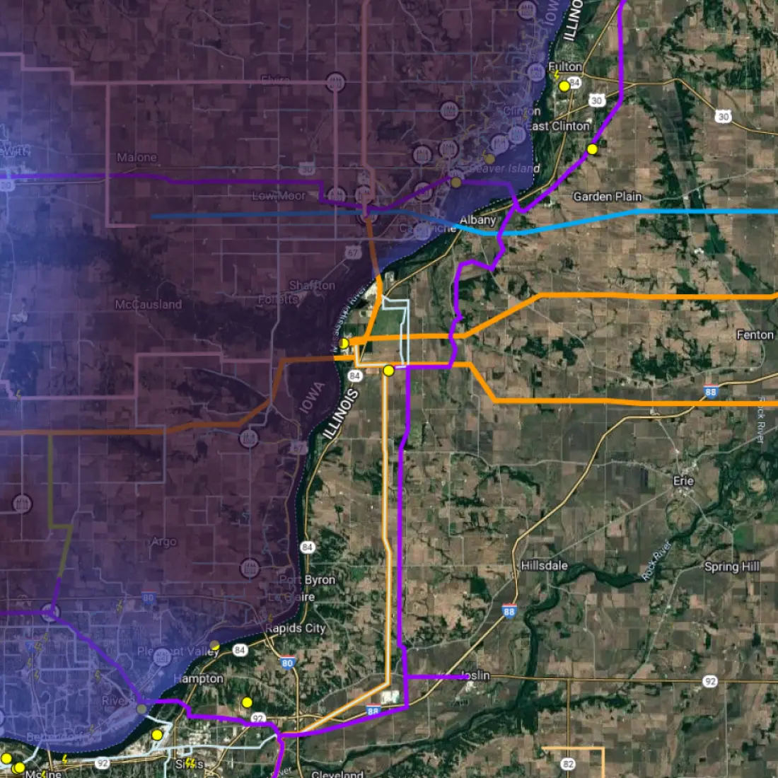 Satellite map highlighting grid connections and land suitability for solar development