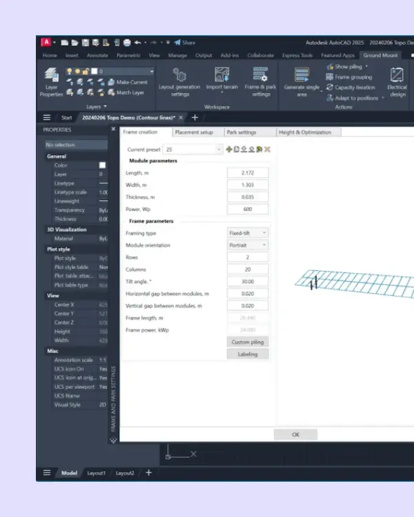 Solar design software interface showing rooftop layout parameters and module settings.
