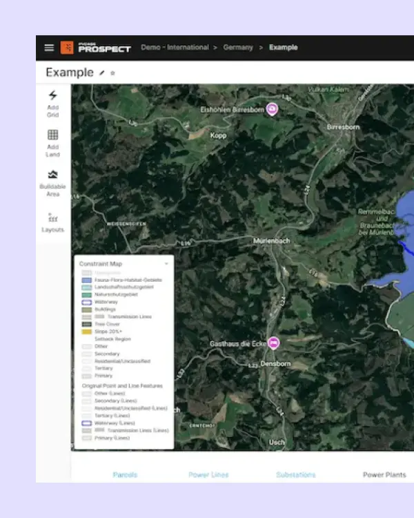 Solar site assessment map showing parcels, constraints, and land data for early-stage project evaluation.