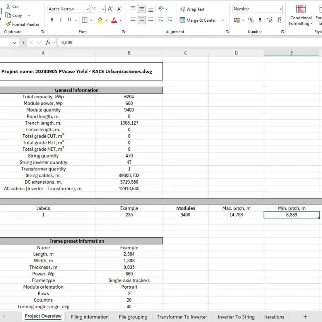 Spreadsheet of solar project data and bill of materials generated from PVcase