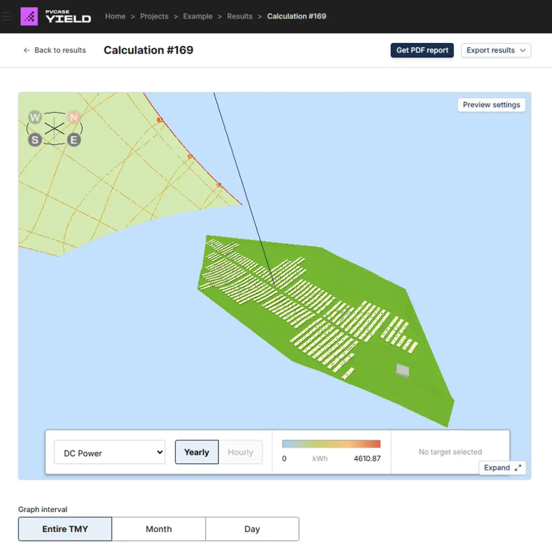 PVcase map view showing a solar site with layout data ready for hand-off between tools