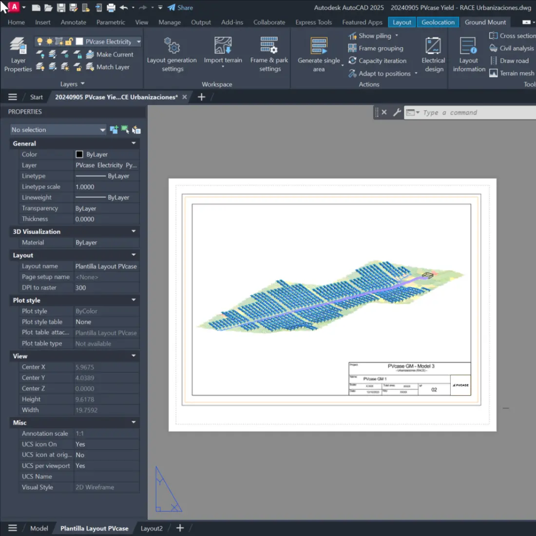 PVcase plugin inside CAD software displaying a 3D solar layout drawing