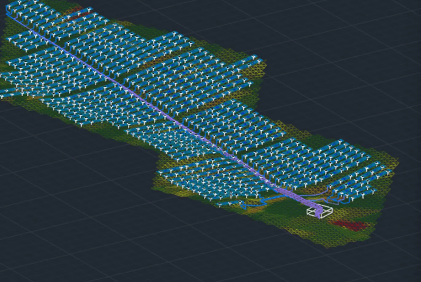 3D layout of a utility-scale solar project in the PVcase platform